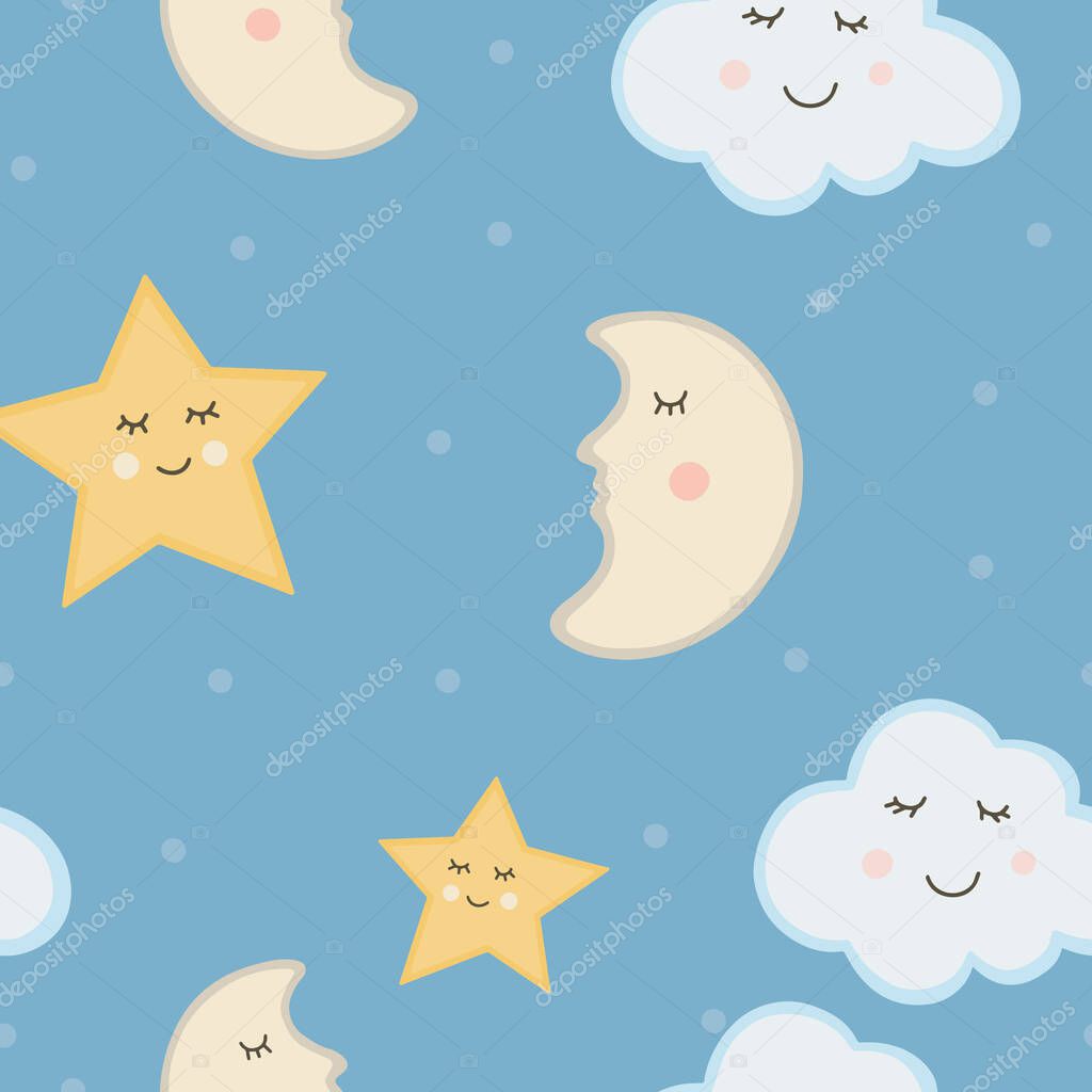 Seamless pattern of star, moon and cloud with faces. Perfect for illustrating a children's theme: parties, children's rooms, baby showers, invitations, postcards.