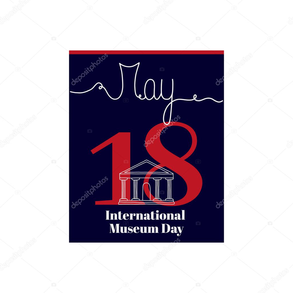 Calendar sheet, vector illustration on the theme of International Museum Day. May 18. Decorated with a handwritten inscription  MAY and stylized linear Museum.