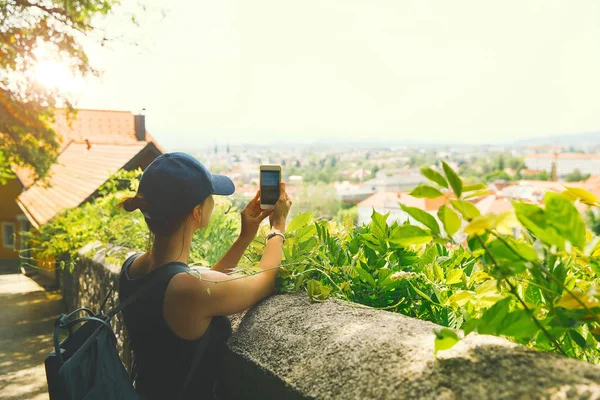 Woman Tourist Takes Picture Panoramic View Red Roofs Ljubljana Castle — Stock Photo, Image