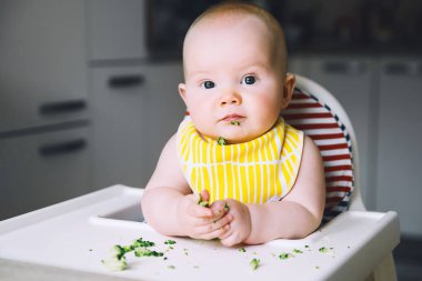 Bebeğin ilk katı yiyecek. Dağınık gülümseyen bebek yiyor ve parmak sebze brokoli yüksek sandalye ile geliyor. Sağlıklı çocuk beslenme. Anne küçük çocuk 7 ay yaşlı beslemek için gıda denemek için verir