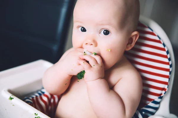 赤ちゃんの最初の固形食 乱雑な微笑の赤ん坊を食べるし 高い椅子で指野菜ブロッコリーの味します 健常児の栄養 母は小さな子 ヶ月を供給する食品をしようと します — ストック写真