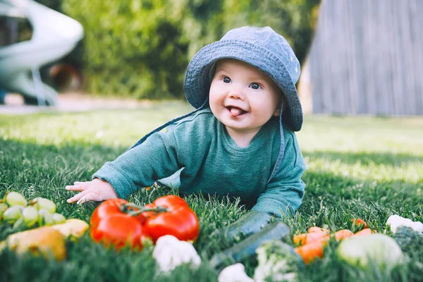 Sorrindo Bebê Bonito Diferentes Frutas Legumes Frescos Grama Verde Nutrição — Fotografia de Stock