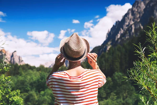 Hiker Woman Outdoors Nature Travel Dolomites Italy Europe Summer Holiday — Stock Photo, Image