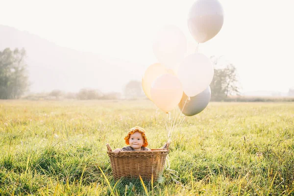 Baby dívka v proutěném koši s balónky na přírodě na podzim. — Stock fotografie