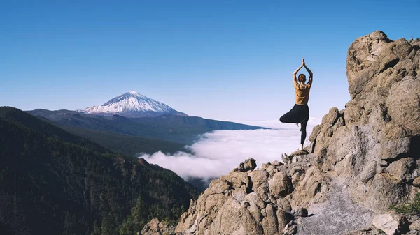 Mujer Disfrutando Naturaleza Mujer Haciendo Pose Yoga Sobre Fondo Paisaje — Foto de Stock
