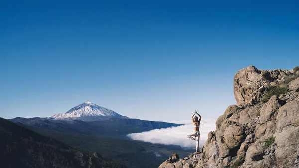 Mujer Disfrutando Naturaleza Mujer Haciendo Pose Yoga Sobre Fondo Paisaje —  Fotos de Stock