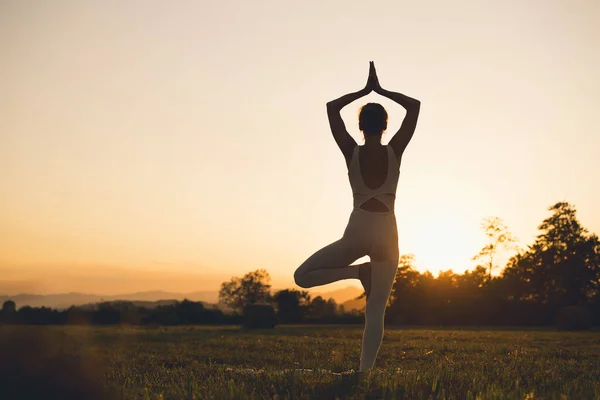 Mujer Joven Haciendo Yoga Sobre Naturaleza Chica Está Practicando Yoga —  Fotos de Stock