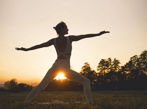 Mujer Joven Haciendo Yoga Sobre Naturaleza Chica Está Practicando Yoga — Foto de Stock