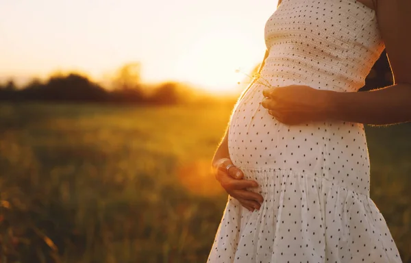 Close Van Zwangere Vrouw Met Handen Haar Buik Achtergrond Van — Stockfoto