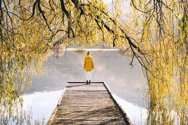 Хипстерская Девушка Жёлтом Плаще Смотрит Озеро Пруд Окружении Ветвей Ивы — стоковое фото