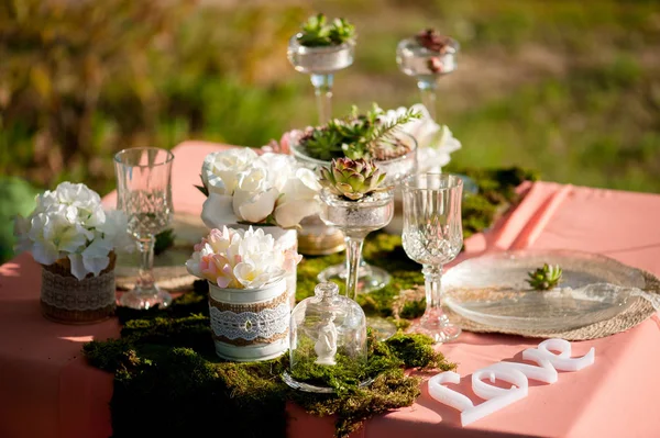 多肉植物と苔と素朴な結婚式のテーブルの設定 — ストック写真