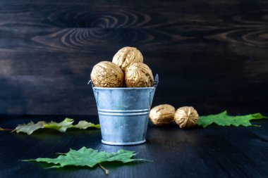 Tahta arka planda altın ceviz kovası. Kavramsal fotoğraf