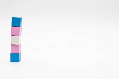 Beyaz arka planda tahta küplerden yapılmış transseksüel bayrak. Fotokopi alanı olan kavramsal illüstrasyon lezbiyen, eşcinsel, biseksüel ve transseksüel