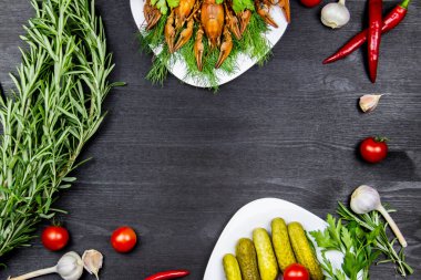 Kerevit, biberiye, biber, sarımsak, domates, dereotu, maydanoz, salatalık turşusu. Yemek pişirme arka planında mesaj için boş yer var. Kopyalama alanı olan üst görünüm