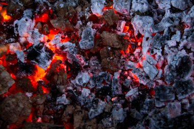 Yanan kömürler. Çürüyen kömürlere yakın çekim, barbekü sezonu. Parlak alev parıltıları. Gecenin bir yarısı kızgın kömür ve odun yakıyorum. Kırmızı kömürler şenlik ateşinde yandı..