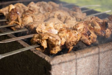 Sulu et dilimleri ateşte hazır olsun. Şiş şiş kebap çok lezzetli. Izgarada marine edilmiş ızgara et - domuz eti üzerine shashlik
