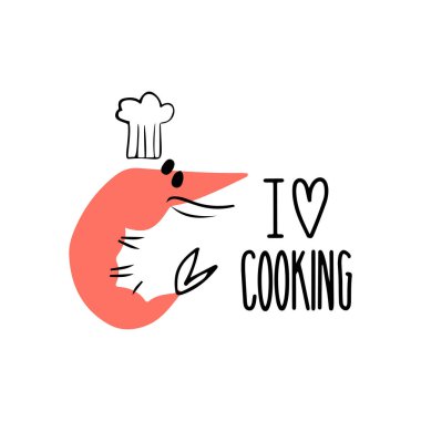 Cooking hand drawn vector illustration. I love cooking lettring. Shrimp in chefs hats. Label design. Menu design clipart