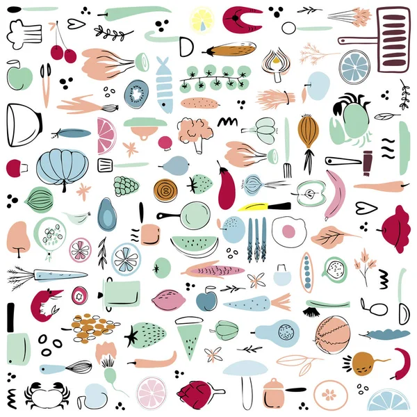 Cocina ilustración vectorial dibujado a mano. Verduras, bayas, frutas y mariscos. elementos de diseño de utensilios de cocina. Textil de cocina.Bocetos de utensilios de cocina — Vector de stock