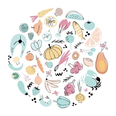 Pişirme el çizilmiş vektör illüstrasyon. Sebze, çilek, meyve ve deniz ürünleri. Mutfak tasarım elemanları. Mutfak tekstili. Mutfak gereçleri