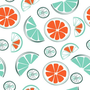 Gıda el çizilmiş vektör illüstrasyon. Yarıya narenciye. Çok renkli elemanlar. Narenciye dikişsiz desen