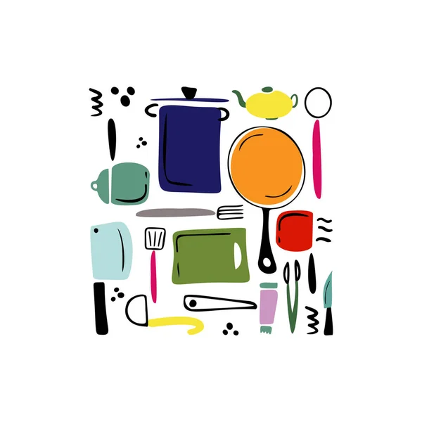 Cooking hand drawn vector illustration. Kitchenware design elements. Kitchen textile.Sketches of kitchenware — Stock Vector