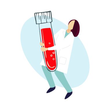 Modern tıbbi el çizilmiş vektör illüstrasyon. O laboratuvar asistanı elinde büyük bir kan testi tüpü tutar. Tıbbi testler, kan testi, DNA testi, test cihazları, test tüpleri ve şişeler. 