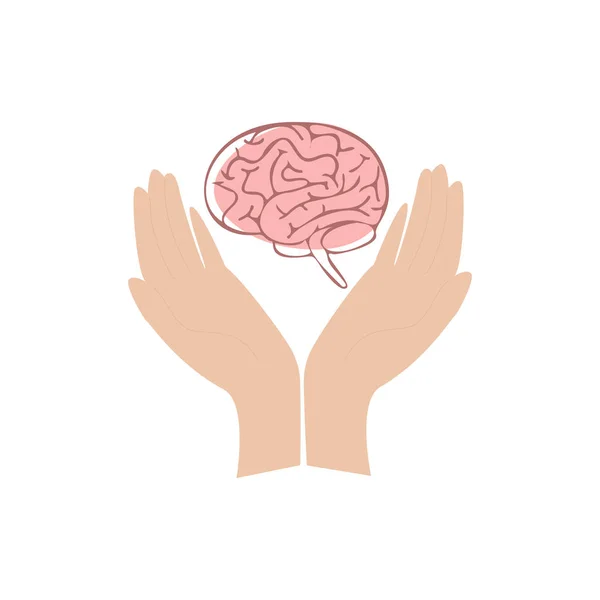 현대 의료 손으로 그린 벡터 그림입니다. 인간의 장기. 두 개의 거대한 손이 뇌를 쥐고 있다. 뇌, 의학, 테스트, 인간 장기 및 이식의 개념 진단 및 외과 적 치료. — 스톡 벡터