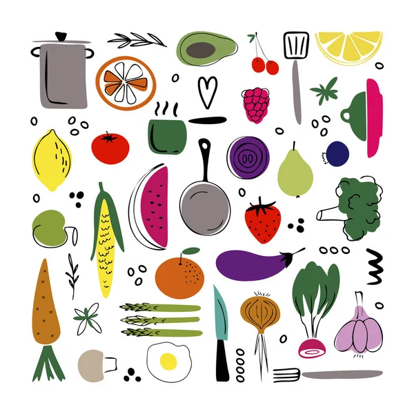 Cocina ilustración vectorial dibujado a mano. Verduras, bayas y frutas. elementos de diseño de utensilios de cocina. Textil de cocina.Bocetos de utensilios de cocina — Vector de stock