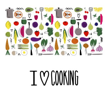 Pişirme el çizilmiş vektör illüstrasyon. Yemek pişirmeye bayılırım. Sebze, çilek, meyve ve deniz ürünleri. Mutfak tasarım elemanları. Mutfak tekstili. Mutfak gereçleri