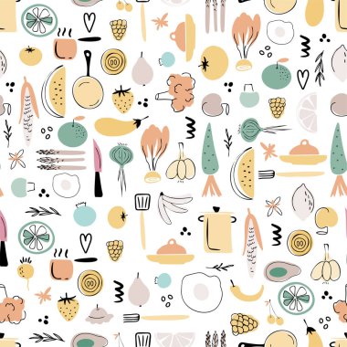 El çizilmiş vektör dikişsiz desen. Sebze, çilek, meyve ve deniz ürünleri arka plan. mutfak tasarım elemanları. Mutfak tekstili. Mutfak gereçleri