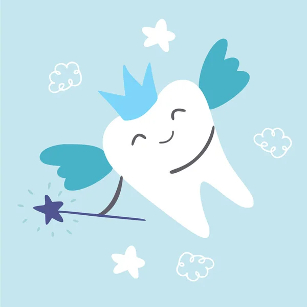 Cute magic tooth with a crown and wings on a blue background, in his hand a magic wand with a star — Stock Vector