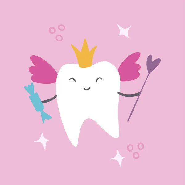 Cute magic tooth with wings and a crown. In one hand a candy, in the other a magic wand. Around the stars on a pink background — Stock Vector