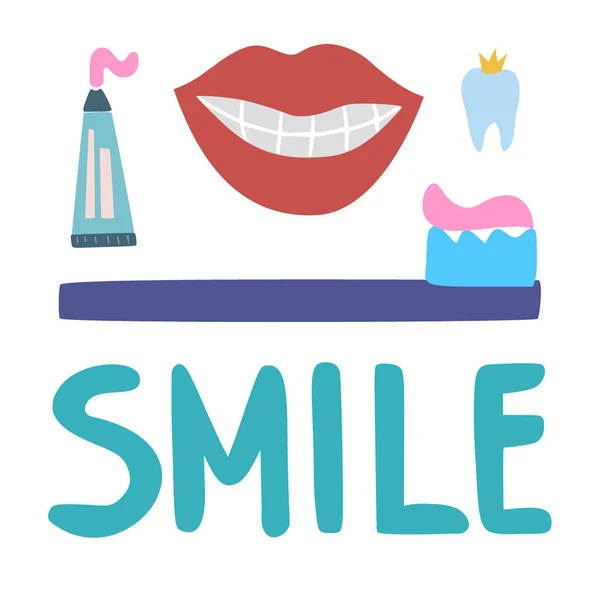 Hand drawn vector illustration with a picture of a mouth, a tooth in a crown, a toothbrush, toothpaste and the word Smile — Stock Vector