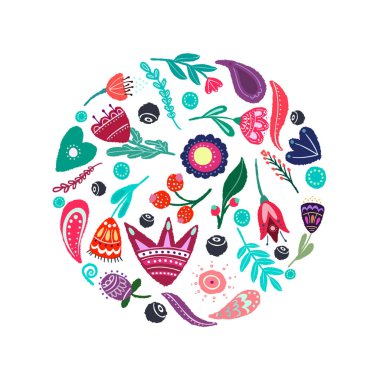 Halk tarzı çiçekler vektör dairesel kavramı. T shirt, poster, baskı, kart, afiş izole tasarım elemanı için.