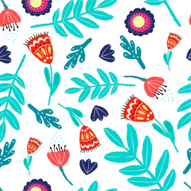 Beyaz bir arka plan üzerinde halk tarzında parlak çiçek ve otlar görüntü ile Botanik vektör sorunsuz desen