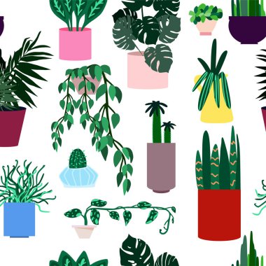 Çok renkli kaplarda farklı yeşil bitkiler ile dikişsiz desen
