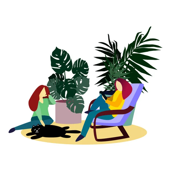 Στον χώρο αναψυχής, περιτριγυρισμένος από τεράστια λουλούδια, το κορίτσι κάθεται άνετα σε μια κουνιστή καρέκλα και κρατά ένα gadget στα χέρια της. Ένα άλλο κορίτσι κάθεται κοντά και χαϊδεύοντας μια μαύρη γάτα. — Διανυσματικό Αρχείο