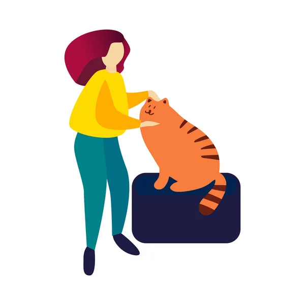 Girl strokes a big red tabby cat who sits on a ottoman — Stock Vector