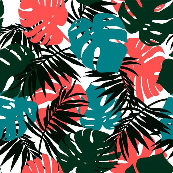 Abstract seamless pattern of blue, green and coral leaves of Monstera and palm leaves on a white background — Stock Vector
