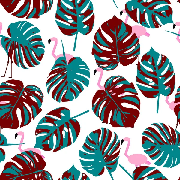 Padrão de folha tropical abstrato e padrão sem emenda flamingo abstrato no fundo branco —  Vetores de Stock