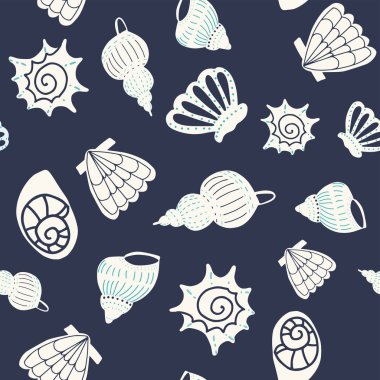 Koyu mavi arka plan üzerinde çeşitli deniz kabukları görüntü ile deniz teması vektör dikişsiz desen