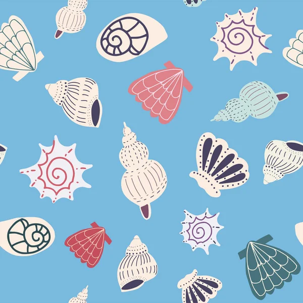 Açık mavi arka plan üzerinde çeşitli deniz kabukları görüntü ile deniz teması vektör dikişsiz desen