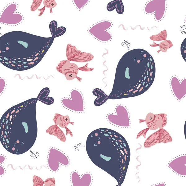 Vector seamless pattern on the marine theme with the image of cute whales, hearts and fish on a white background — Stock Vector