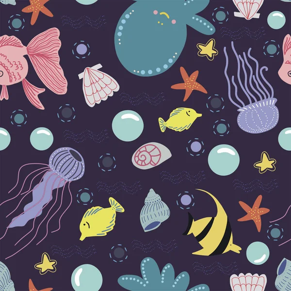 Διάνυσμα χωρίς συγκόλληση θαλάσσιο μοτίβο με μια εικόνα από χαριτωμένα ψάρια, χταπόδι, κοχύλια, Μέδουσα και φυσαλίδες σε σκούρο φόντο. — Διανυσματικό Αρχείο