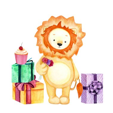 Çiçek ve hediyeler ile sevimli aslan ile Suluboya illüstrasyon. Tebrik kartları, davetiyeler, çocuk tekstilleri ve posterler için baskı.