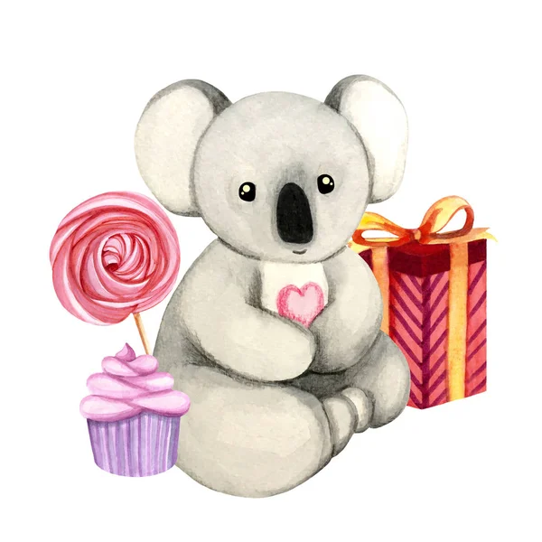 Ilustracja akwarela z cute Coala z słodyczy i prezent. Drukuj dla kart okolicznościowych, zaproszeń, tekstyliów i plakatów dla dzieci. — Zdjęcie stockowe
