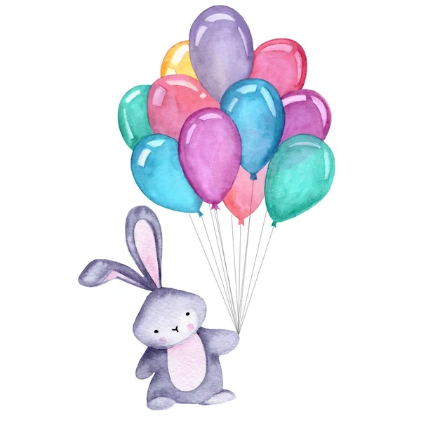 Ilustração aquarela com coelho bonito e balões no fundo branco. Impressão para cartões de felicitações, convites, têxteis infantis e cartazes . — Fotografia de Stock