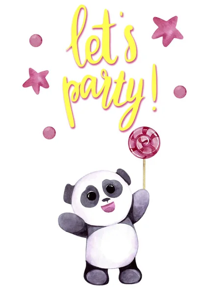 Akwarela ilustracja z cute Panda z gwiazdami. Let's party napis. Drukuj dla kart okolicznościowych, zaproszeń, tekstyliów i plakatów dla dzieci. — Zdjęcie stockowe
