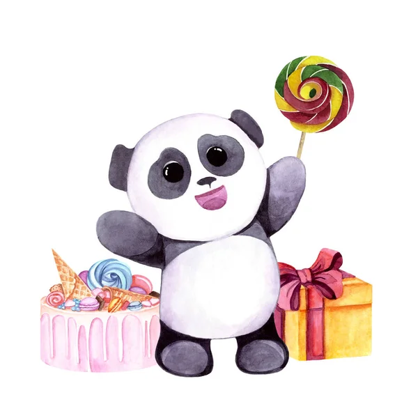 Watercolor illustration with cute panda with sweets and gifts. Print for greeting cards, invitations, children\'s textiles and posters.