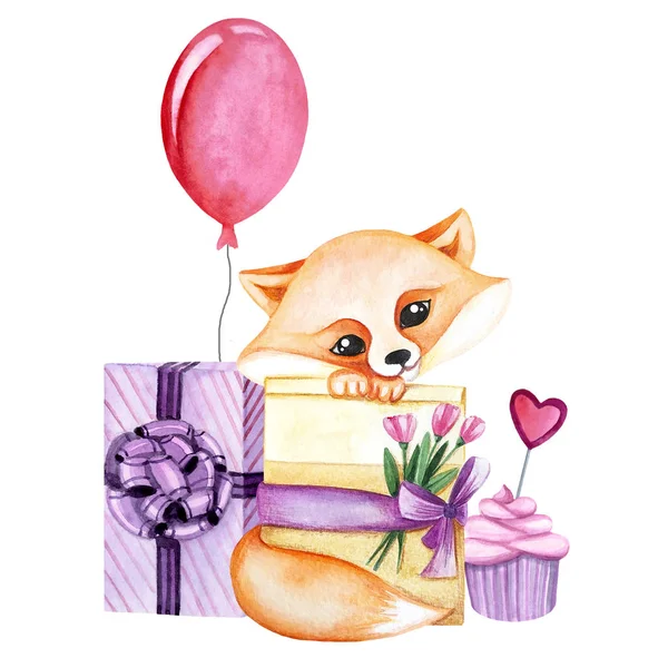 Akwarela ilustracji z cute Lisa z kwiatami, słodyczy i prezent. Drukuj dla kart okolicznościowych, zaproszeń, tekstyliów i plakatów dla dzieci. — Zdjęcie stockowe